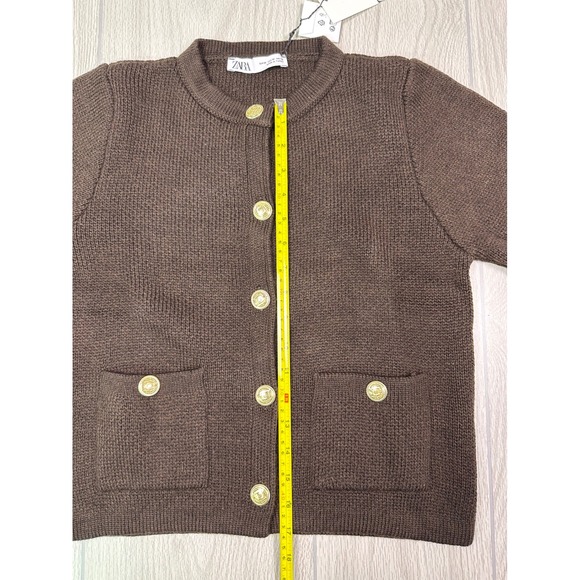 ZARA Women's Brown Knit Cardigan Gold Button Pockets Crew Neck Size M - Picture 14 of 15
